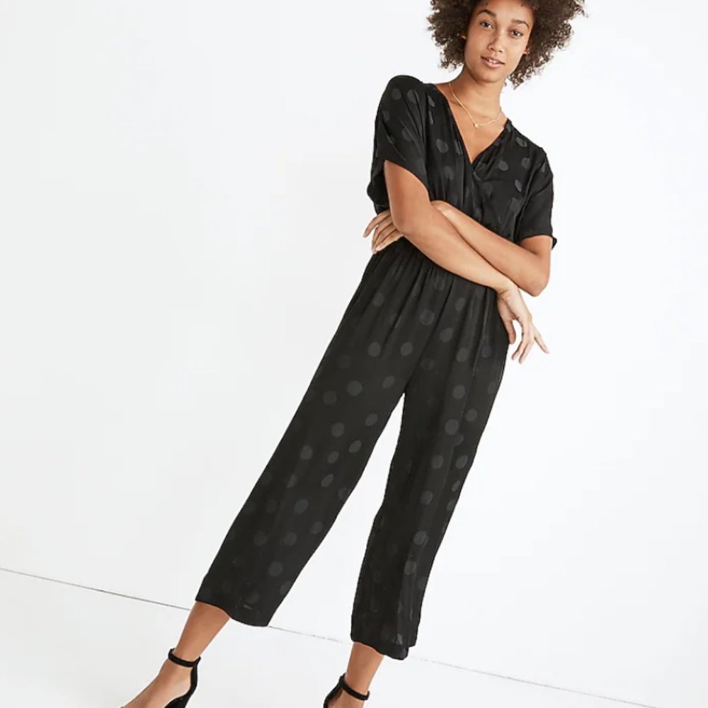 Madewell Wrap-Front Smock-Waist Jumpsuit in Dot Jacquard XS